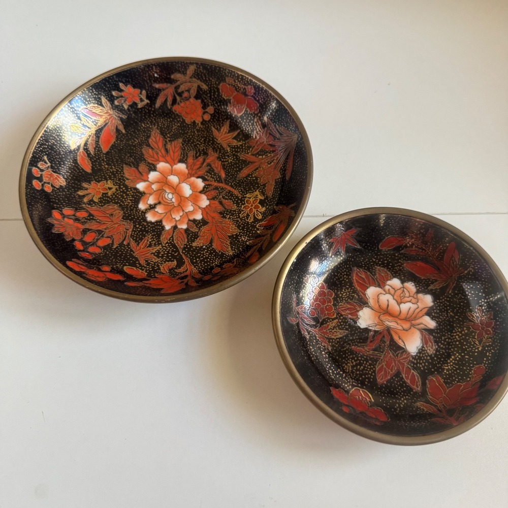 Vintage Hand Painted Brass Encased Porcelain Bowls Floral Set of 2 circa 1960's